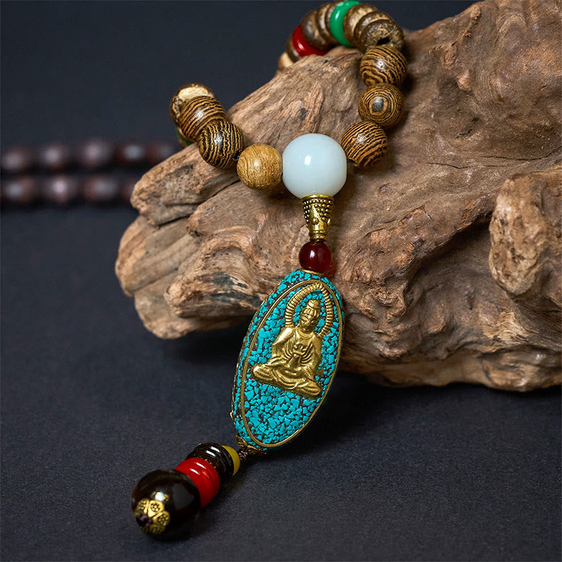 Wear FengShui Vintage Nepal Avalokitesvara Harmony Coconut Shell Beads Pendant Necklace
