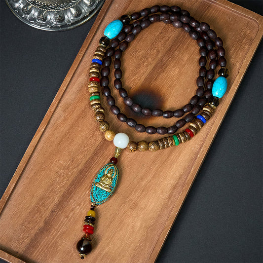 Wear FengShui Vintage Nepal Avalokitesvara Harmony Coconut Shell Beads Pendant Necklace