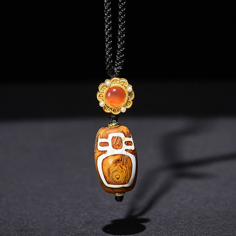 Wear FengShui Tibetan Agate Carved God of Wealth Nine-eye Dzi Bead Blessing Necklace Pendant