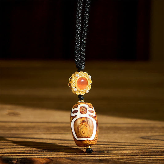 Wear FengShui Tibetan Agate Carved God of Wealth Nine-eye Dzi Bead Blessing Necklace Pendant