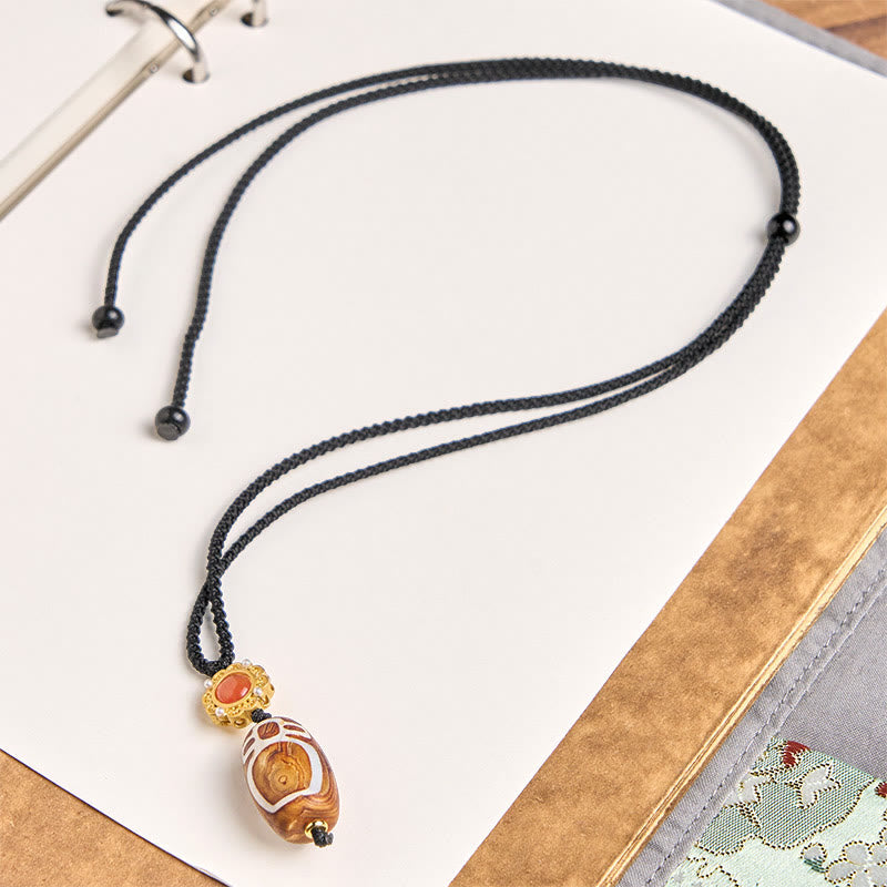 Wear FengShui Tibetan Agate Carved God of Wealth Nine-eye Dzi Bead Blessing Necklace Pendant