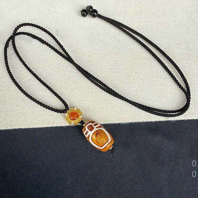 Wear FengShui Tibetan Agate Carved God of Wealth Nine-eye Dzi Bead Blessing Necklace Pendant