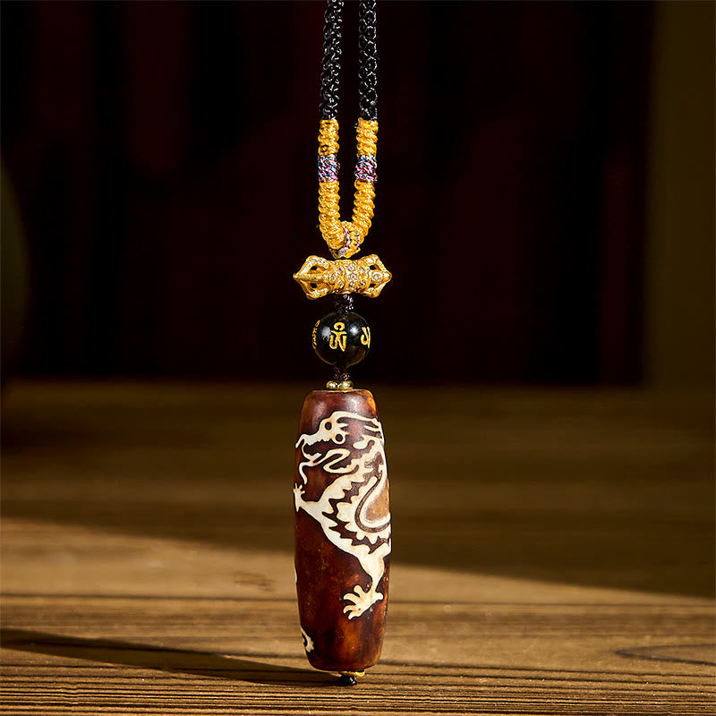 Wear FengShui Tibetan Agate Dragon Pattern Nine-eye Dzi Protection Necklace Pendant