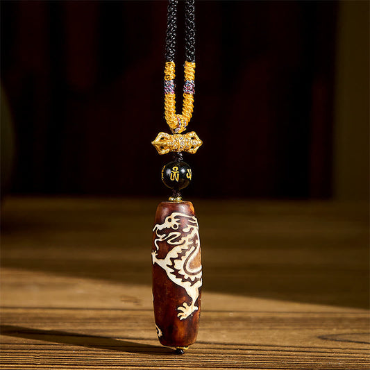 Wear FengShui Tibetan Agate Dragon Pattern Nine-eye Dzi Protection Necklace Pendant