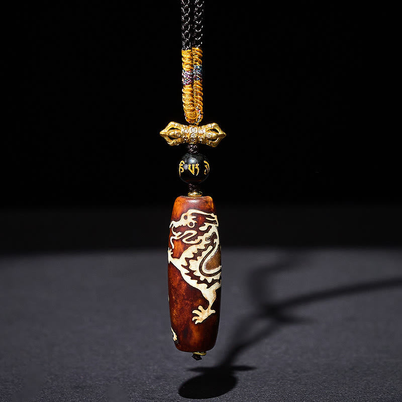 Wear FengShui Tibetan Agate Dragon Pattern Nine-eye Dzi Protection Necklace Pendant