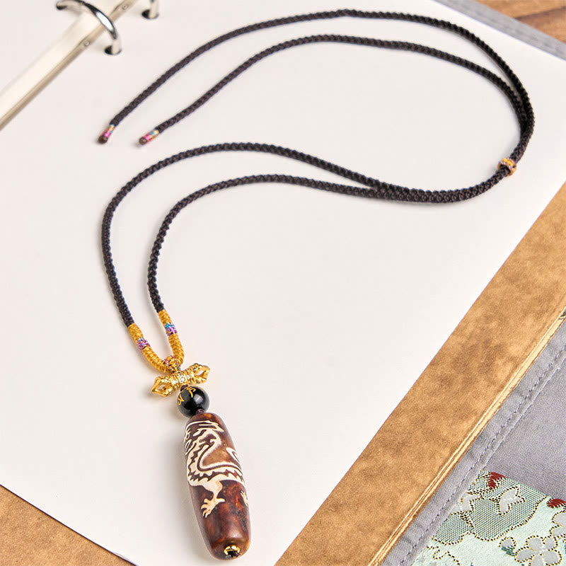 Wear FengShui Tibetan Agate Dragon Pattern Nine-eye Dzi Protection Necklace Pendant