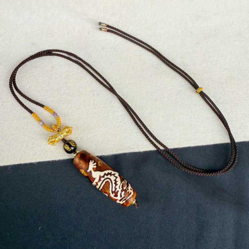 Wear FengShui Tibetan Agate Dragon Pattern Nine-eye Dzi Protection Necklace Pendant