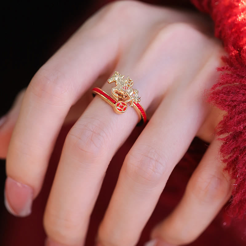 Wear FengShui Copper Red String Copper Coins Year Of The Horse Opening Balance Ring