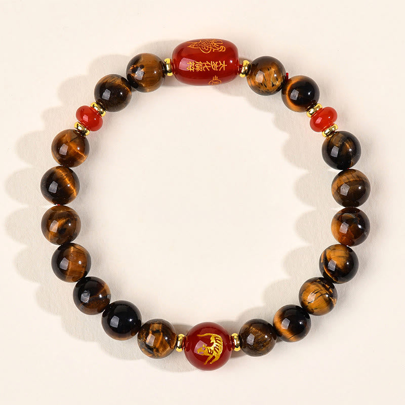 Wear FengShui 12 Chinese Zodiac Natural Tiger Eye Red Agate Protection Bracelet