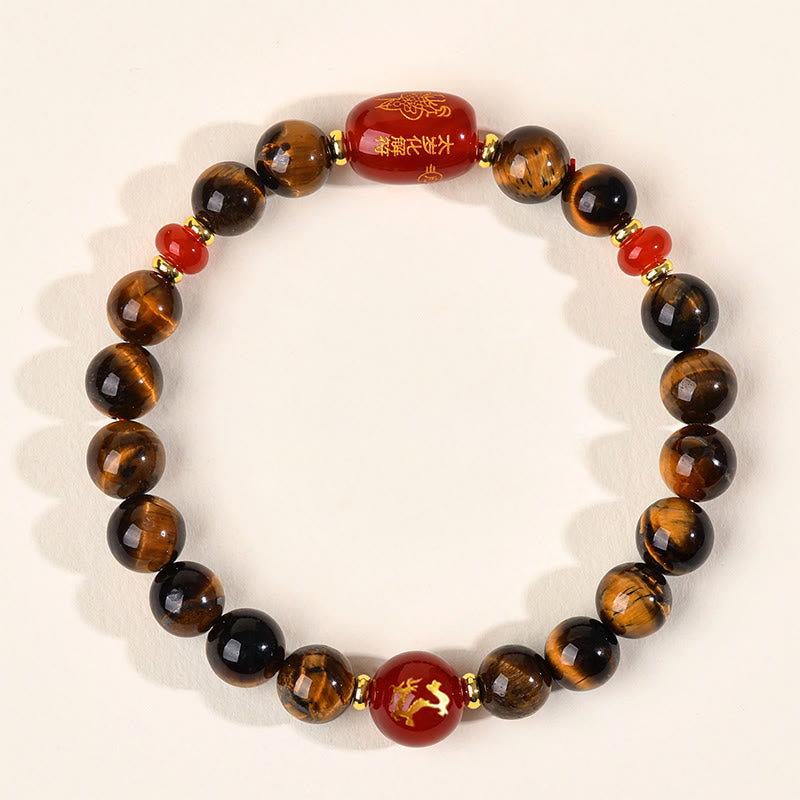 Wear FengShui 12 Chinese Zodiac Natural Tiger Eye Red Agate Protection Bracelet