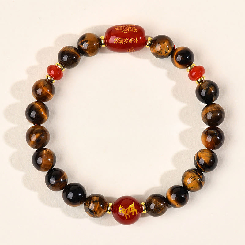 Wear FengShui 12 Chinese Zodiac Natural Tiger Eye Red Agate Protection Bracelet