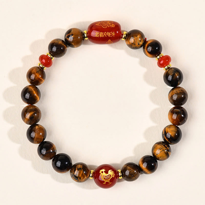 Wear FengShui 12 Chinese Zodiac Natural Tiger Eye Red Agate Protection Bracelet