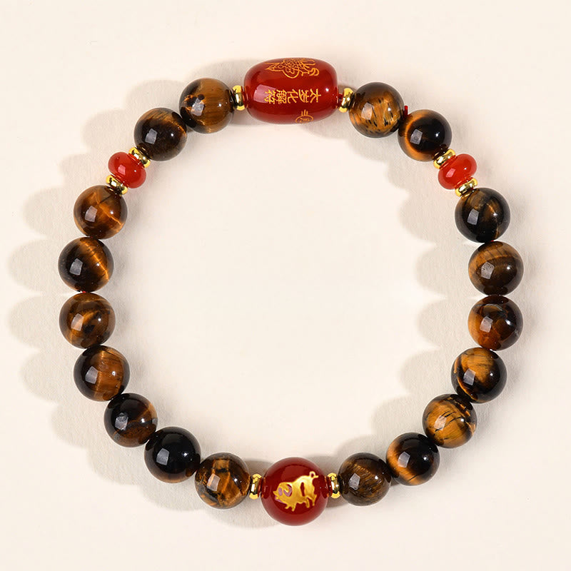 Wear FengShui 12 Chinese Zodiac Natural Tiger Eye Red Agate Protection Bracelet