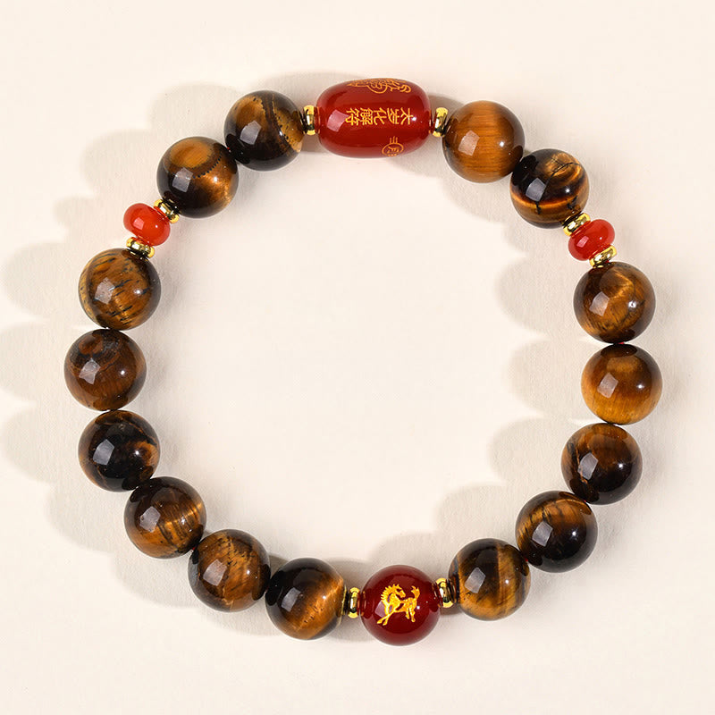 Wear FengShui 12 Chinese Zodiac Natural Tiger Eye Red Agate Protection Bracelet