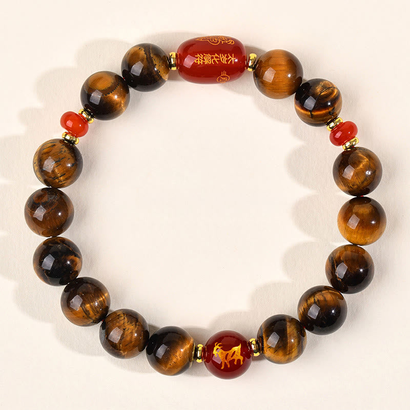 Wear FengShui 12 Chinese Zodiac Natural Tiger Eye Red Agate Protection Bracelet