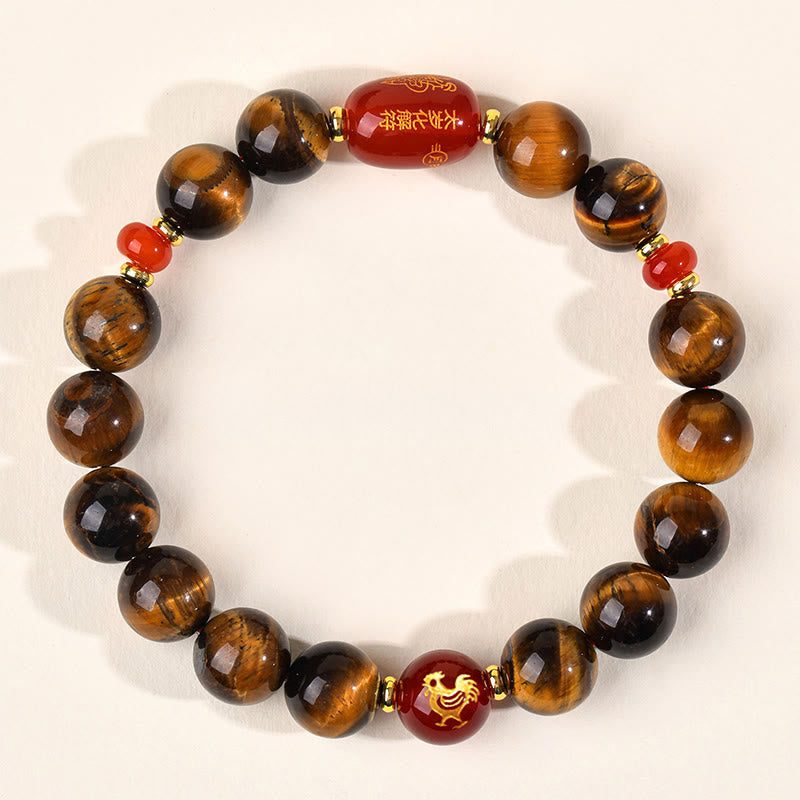 Wear FengShui 12 Chinese Zodiac Natural Tiger Eye Red Agate Protection Bracelet