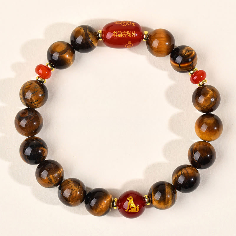 Wear FengShui 12 Chinese Zodiac Natural Tiger Eye Red Agate Protection Bracelet