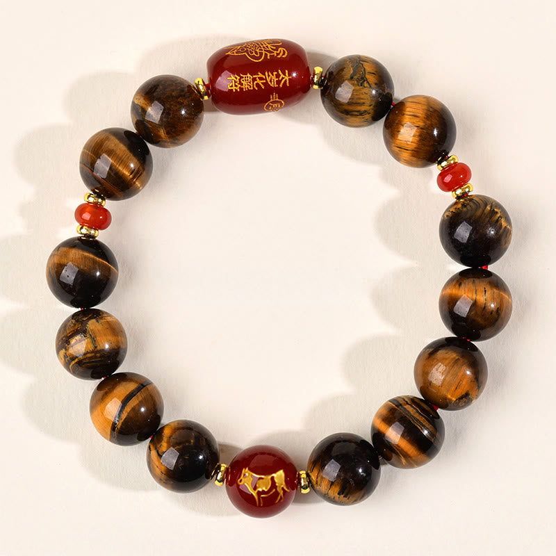 Wear FengShui 12 Chinese Zodiac Natural Tiger Eye Red Agate Protection Bracelet