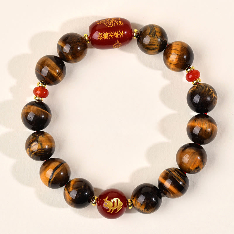 Wear FengShui 12 Chinese Zodiac Natural Tiger Eye Red Agate Protection Bracelet