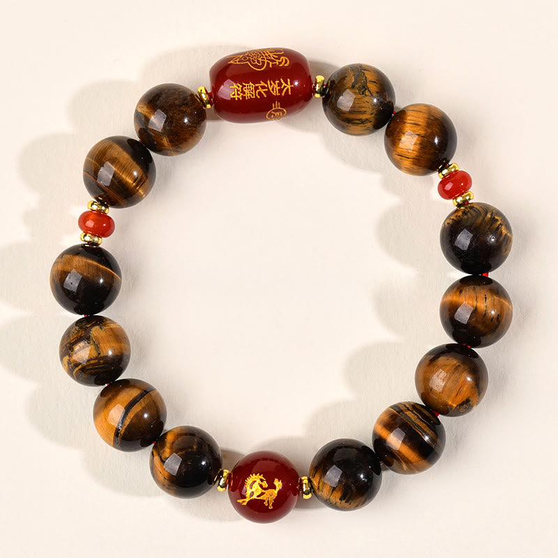 Wear FengShui 12 Chinese Zodiac Natural Tiger Eye Red Agate Protection Bracelet