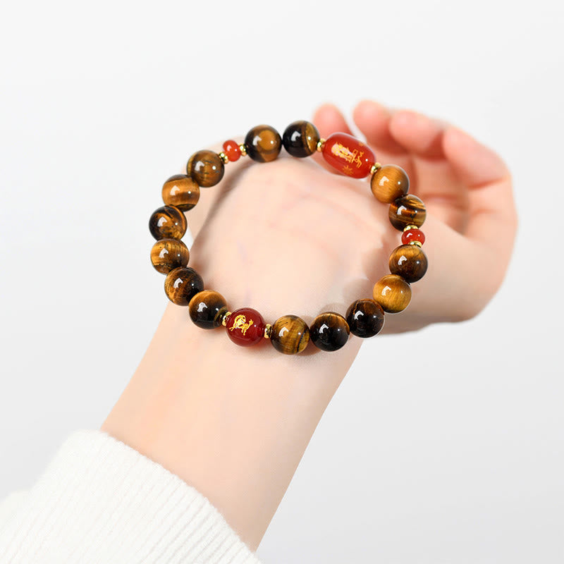 Wear FengShui 12 Chinese Zodiac Natural Tiger Eye Red Agate Protection Bracelet