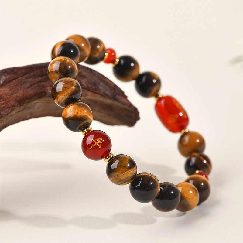 Wear FengShui 12 Chinese Zodiac Natural Tiger Eye Red Agate Protection Bracelet