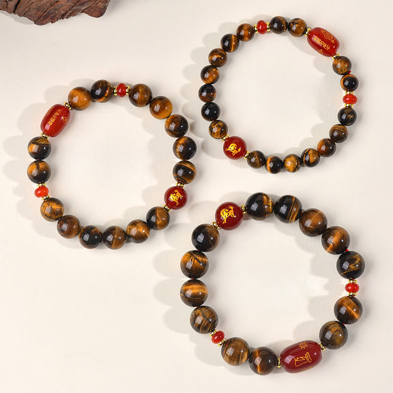 Wear FengShui 12 Chinese Zodiac Natural Tiger Eye Red Agate Protection Bracelet