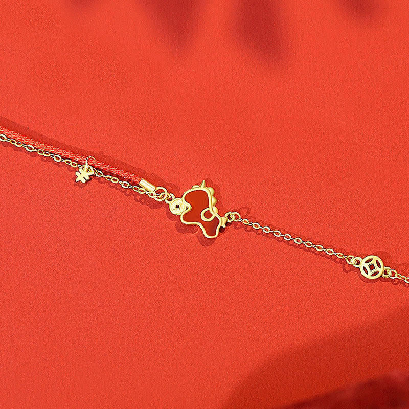 Wear FengShui 925 Sterling Silver Year Of The Horse Red String Red Agate Coin Charm Luck Bracelet