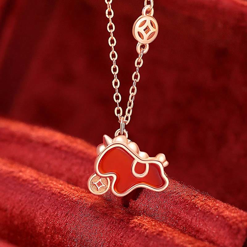 Wear FengShui 925 Sterling Silver Year Of The Horse Coin Charm Red Agate Blessing Necklace Pendant