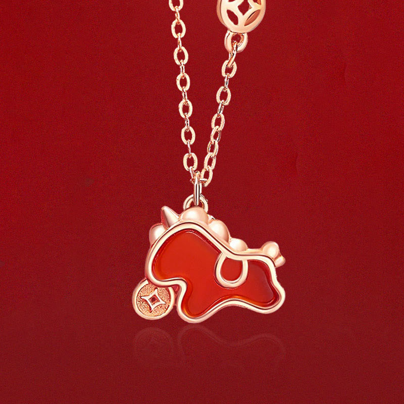 Wear FengShui 925 Sterling Silver Year Of The Horse Coin Charm Red Agate Blessing Necklace Pendant