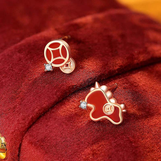 Wear FengShui 925 Sterling Silver Coin Red Agate Year Of The Horse Asymmetric Protection Earrings