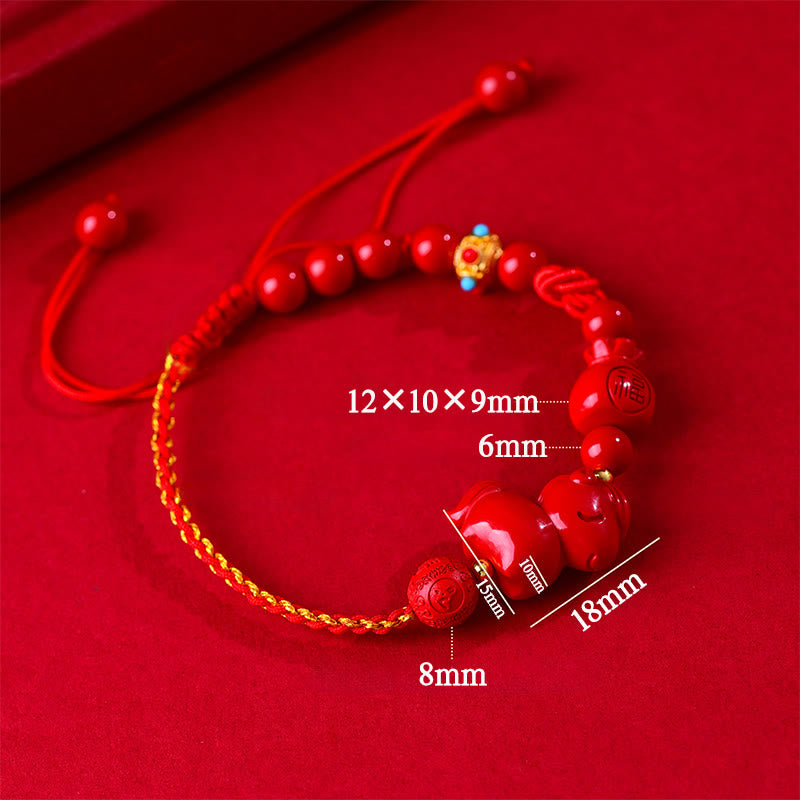 Wear FengShui Year of the Horse Natural Cinnabar Fu Character Lucky Bag Blessing Bracelet