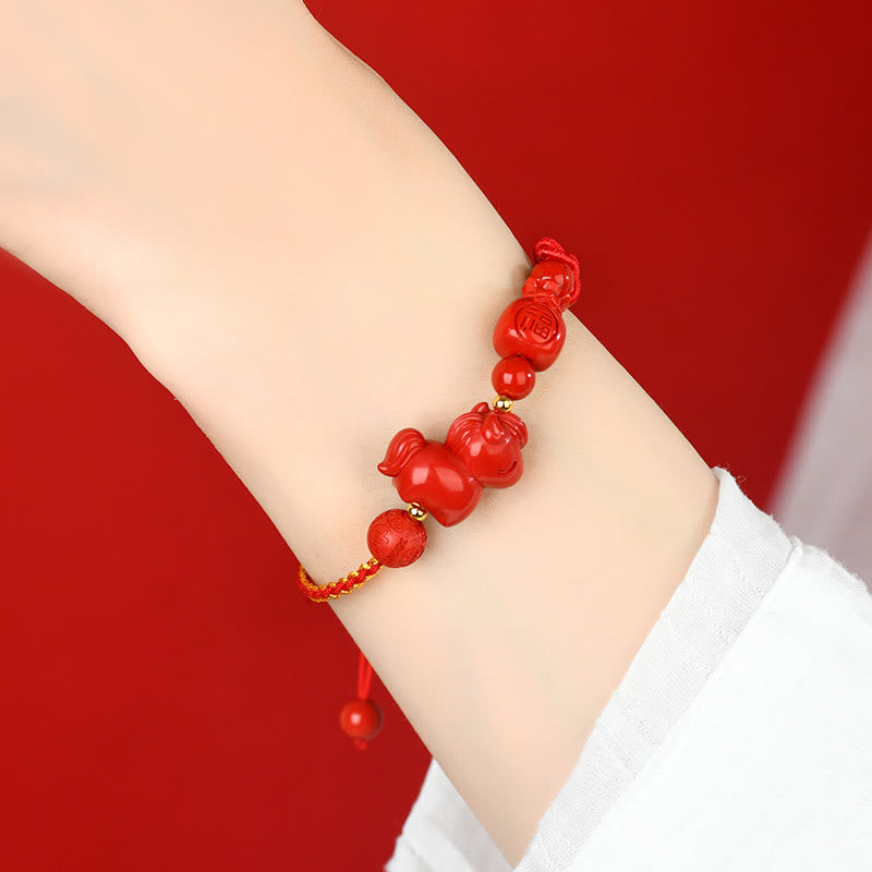 Wear FengShui Year of the Horse Natural Cinnabar Fu Character Lucky Bag Blessing Bracelet