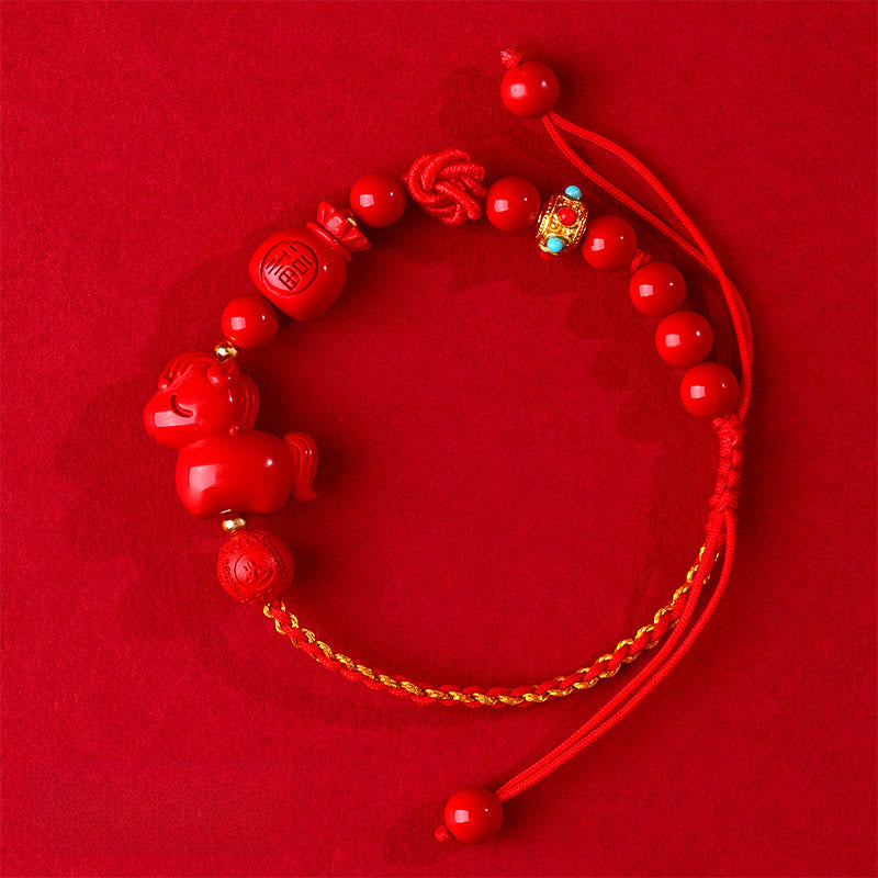 Wear FengShui Year of the Horse Natural Cinnabar Fu Character Lucky Bag Blessing Bracelet
