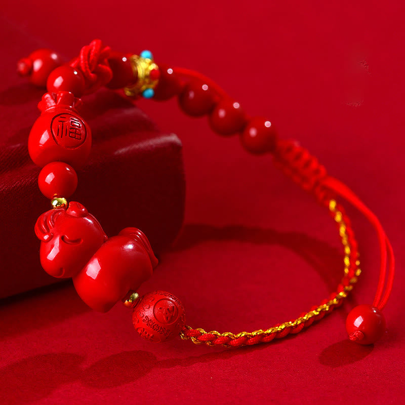 Wear FengShui Year of the Horse Natural Cinnabar Fu Character Lucky Bag Blessing Bracelet