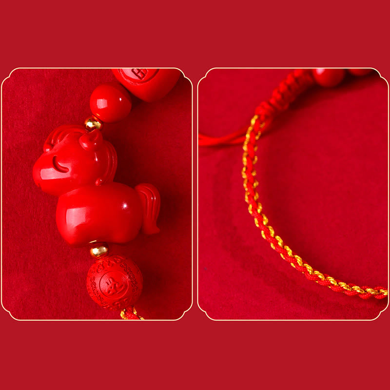 Wear FengShui Year of the Horse Natural Cinnabar Fu Character Lucky Bag Blessing Bracelet