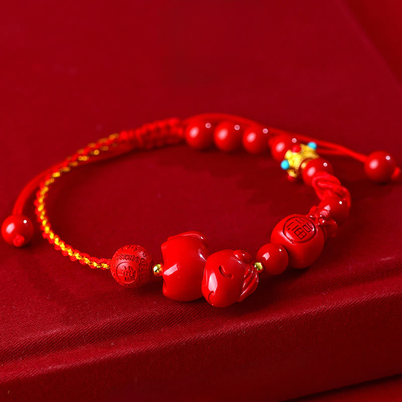 Wear FengShui Year of the Horse Natural Cinnabar Fu Character Lucky Bag Blessing Bracelet