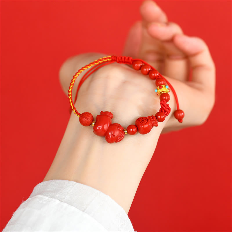 Wear FengShui Year of the Horse Natural Cinnabar Fu Character Lucky Bag Blessing Bracelet