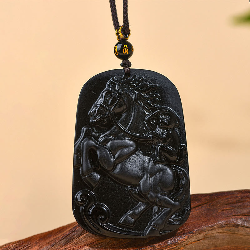 Wear FengShui Year of the Horse Natural Black Obsidian Strength Necklace Pendant