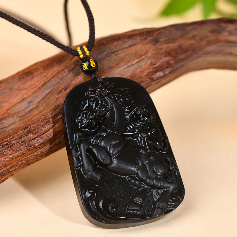 Wear FengShui Year of the Horse Natural Black Obsidian Strength Necklace Pendant