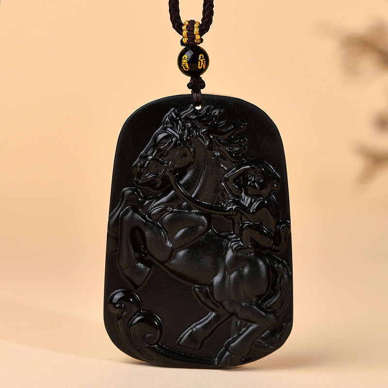 Wear FengShui Year of the Horse Natural Black Obsidian Strength Necklace Pendant