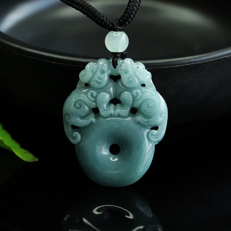 Wear FengShui Double PiXiu Jade Peace Buckle Wealth Luck String Necklace Pendant