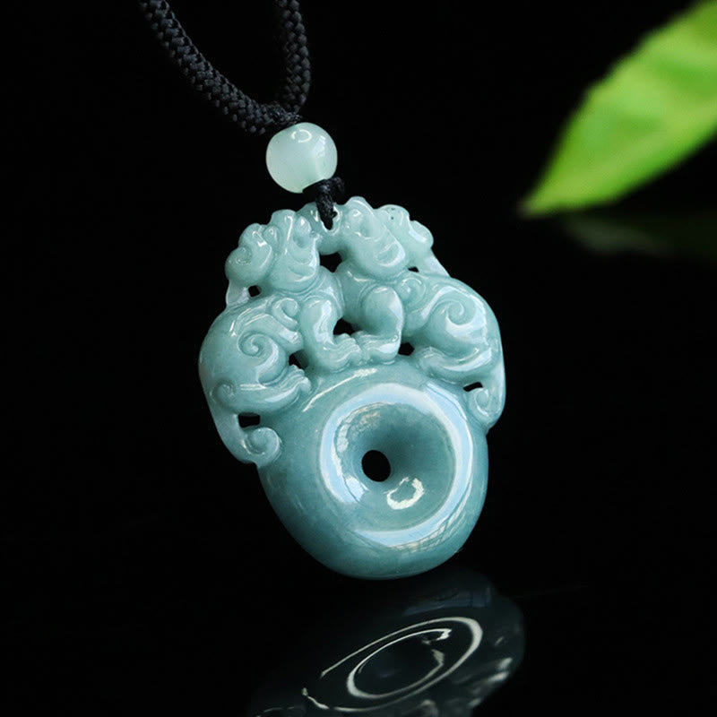 Wear FengShui Double PiXiu Jade Peace Buckle Wealth Luck String Necklace Pendant