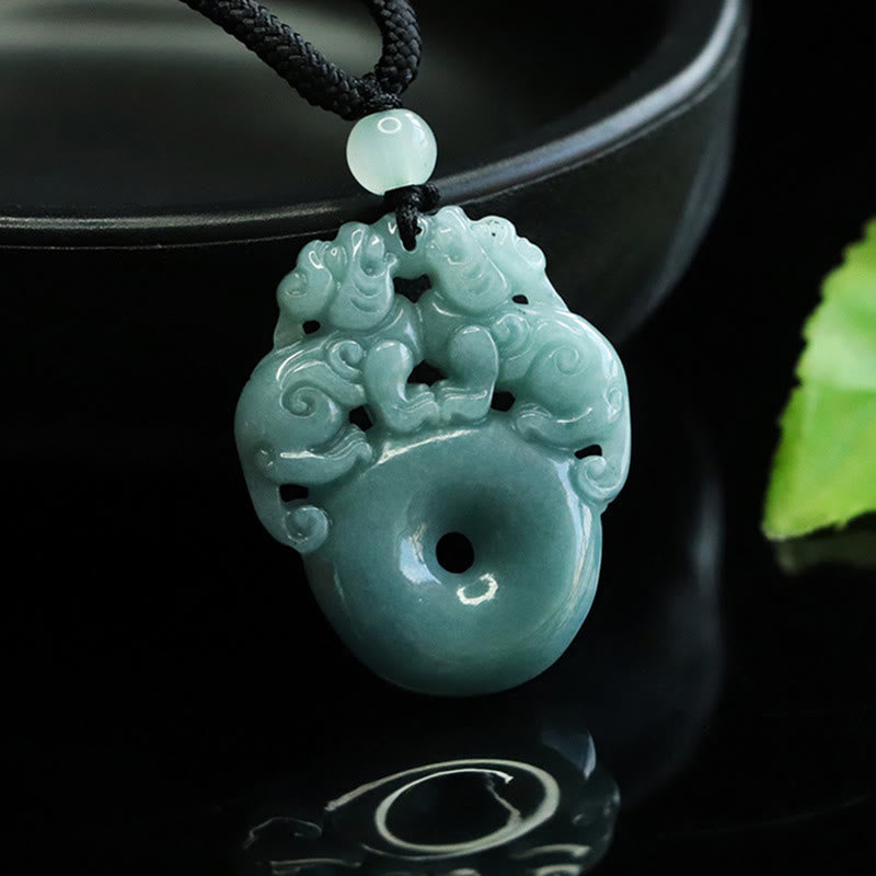 Wear FengShui Double PiXiu Jade Peace Buckle Wealth Luck String Necklace Pendant