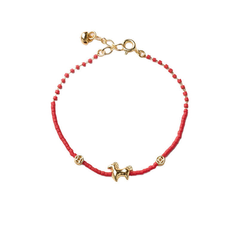 Wear FengShui 925 Sterling Silver Plated Gold Year of the Horse Red Liuli Glass Prosperity Bracelet