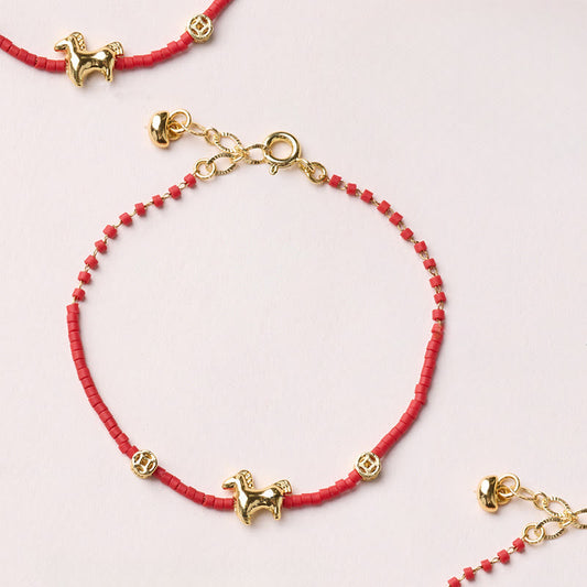 Wear FengShui 925 Sterling Silver Plated Gold Year of the Horse Red Liuli Glass Prosperity Bracelet