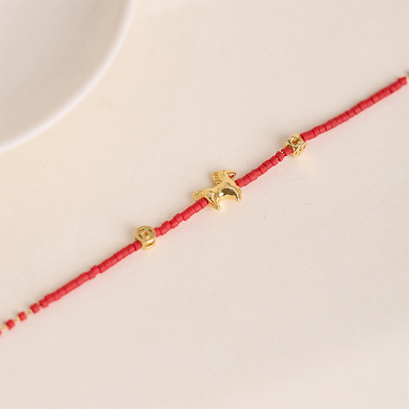Wear FengShui 925 Sterling Silver Plated Gold Year of the Horse Red Liuli Glass Prosperity Bracelet