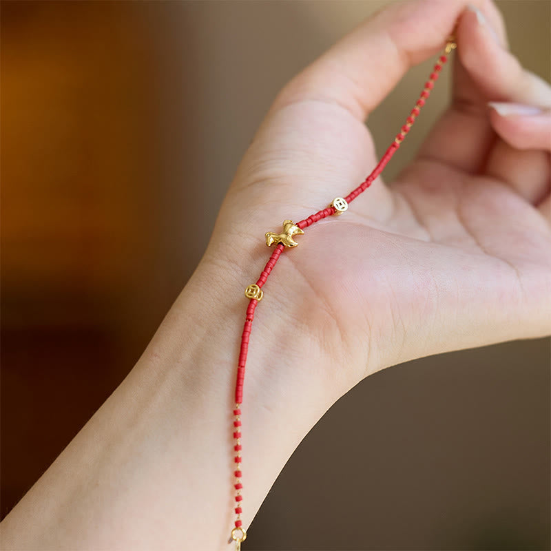 Wear FengShui 925 Sterling Silver Plated Gold Year of the Horse Red Liuli Glass Prosperity Bracelet