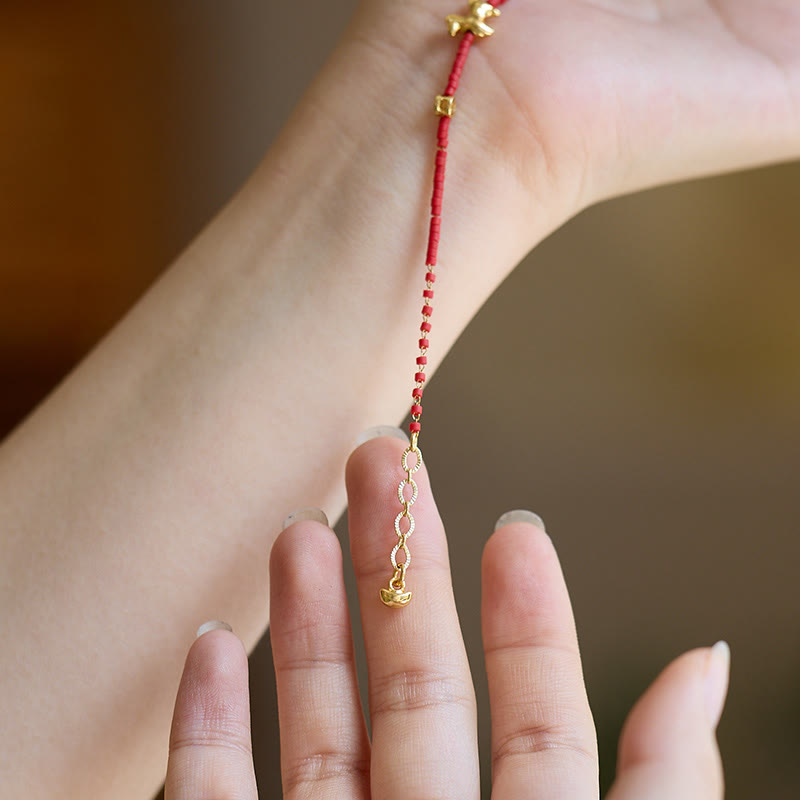 Wear FengShui 925 Sterling Silver Plated Gold Year of the Horse Red Liuli Glass Prosperity Bracelet