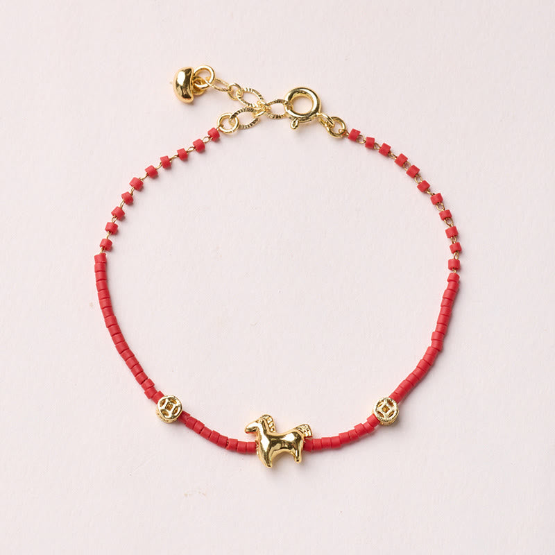 Wear FengShui 925 Sterling Silver Plated Gold Year of the Horse Red Liuli Glass Prosperity Bracelet